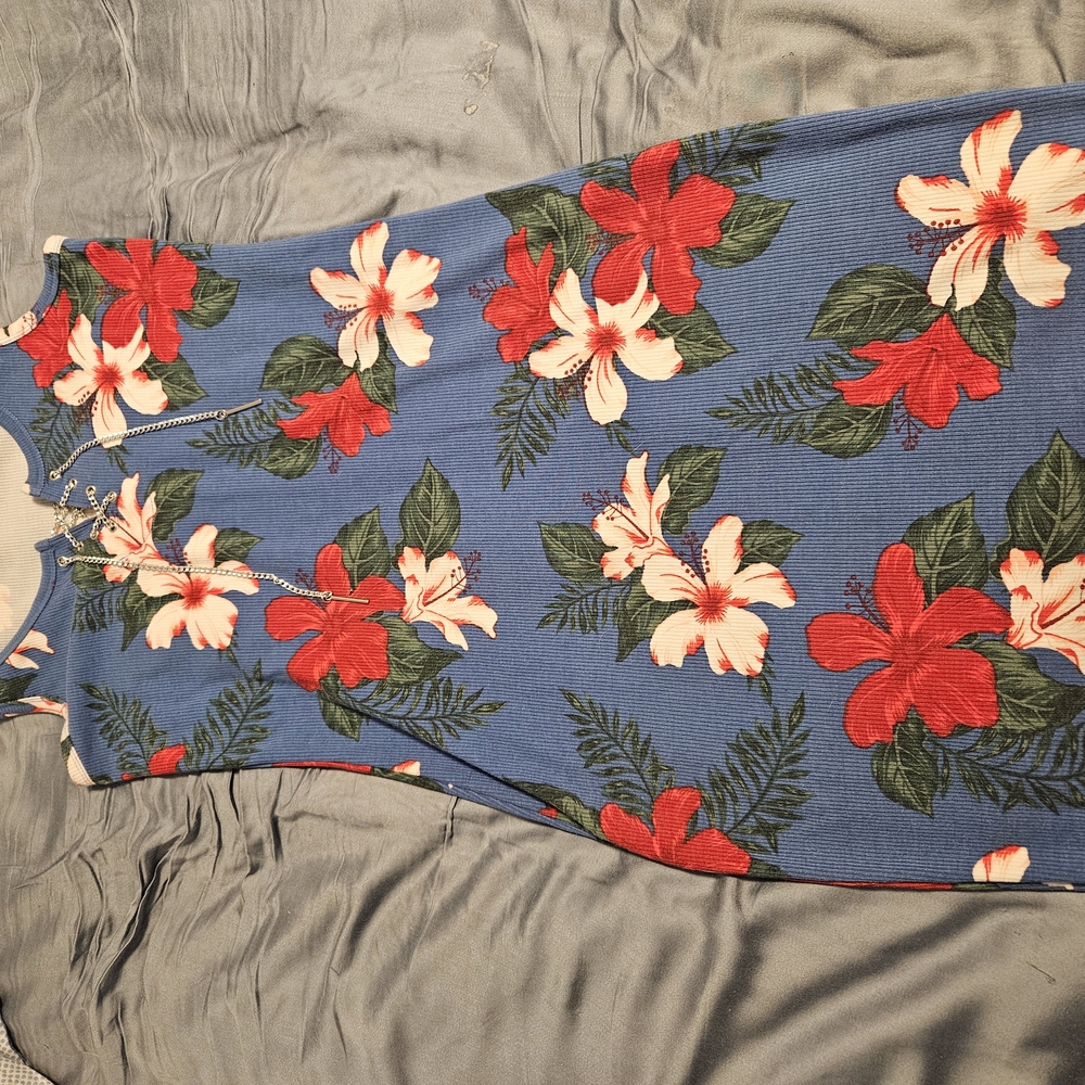 Floral Blue Dress with Red and White Hibiscus